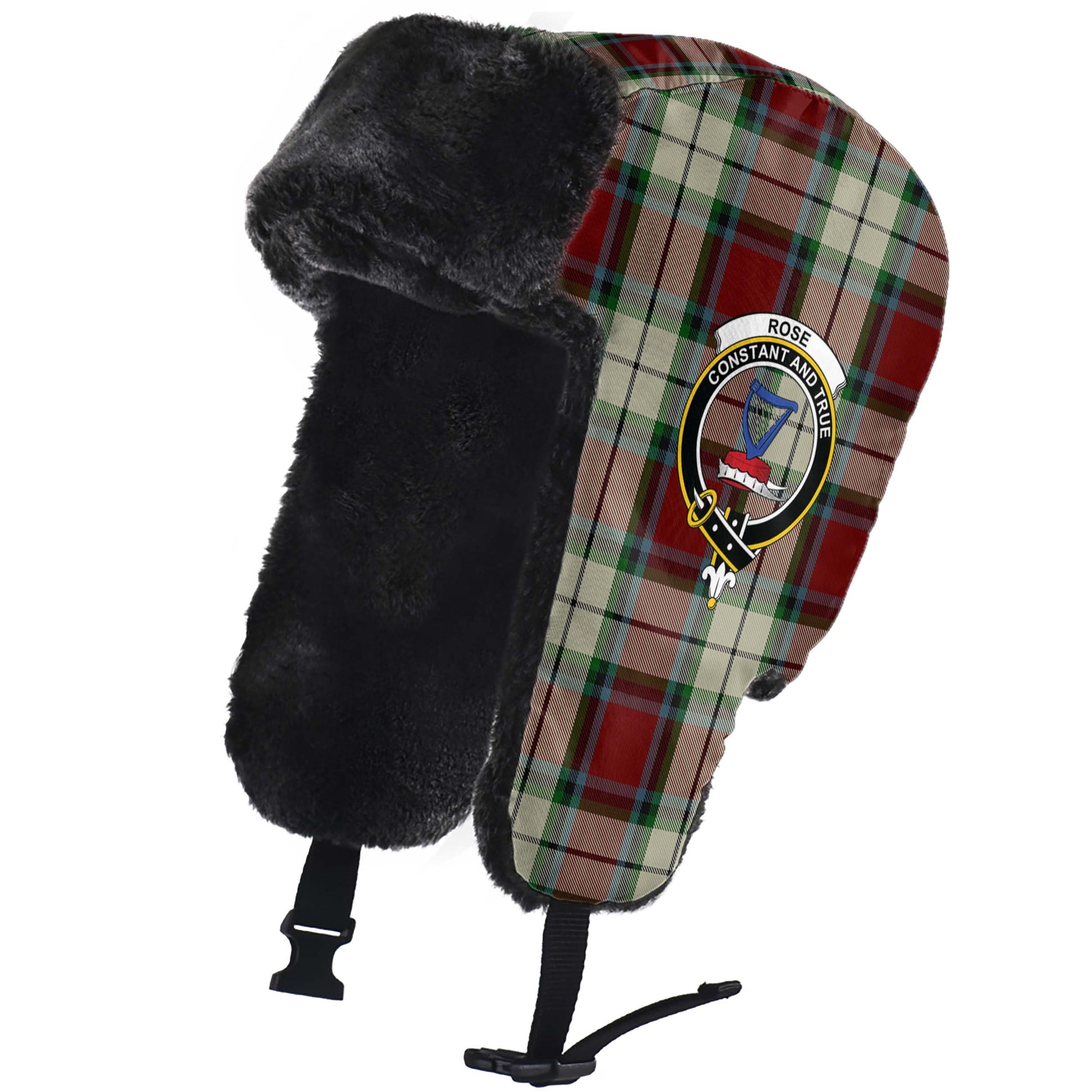 Rose White Dress Tartan Winter Trapper Hat with Family Crest - Tartanvibesclothing