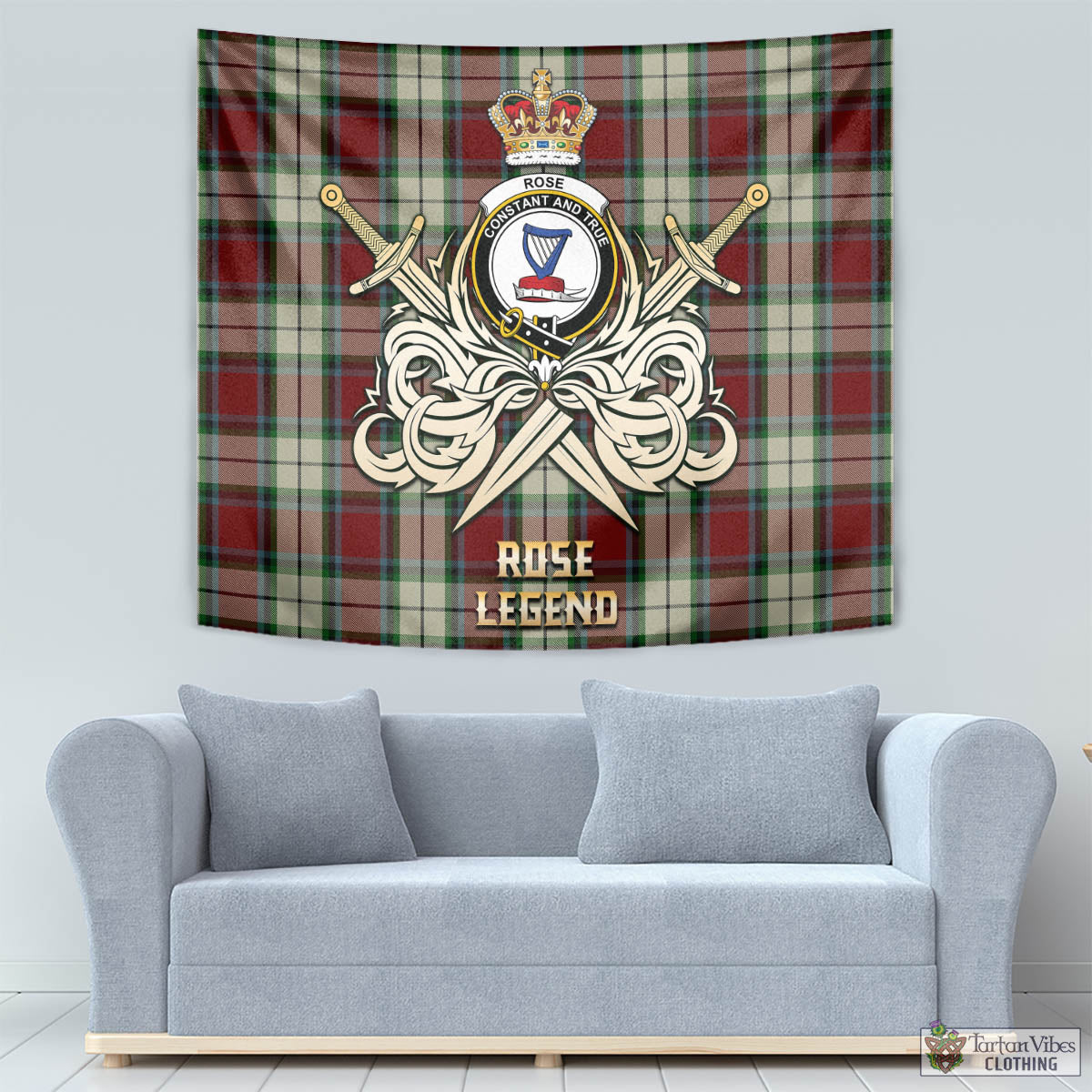 Tartan Vibes Clothing Rose White Dress Tartan Tapestry with Clan Crest and the Golden Sword of Courageous Legacy