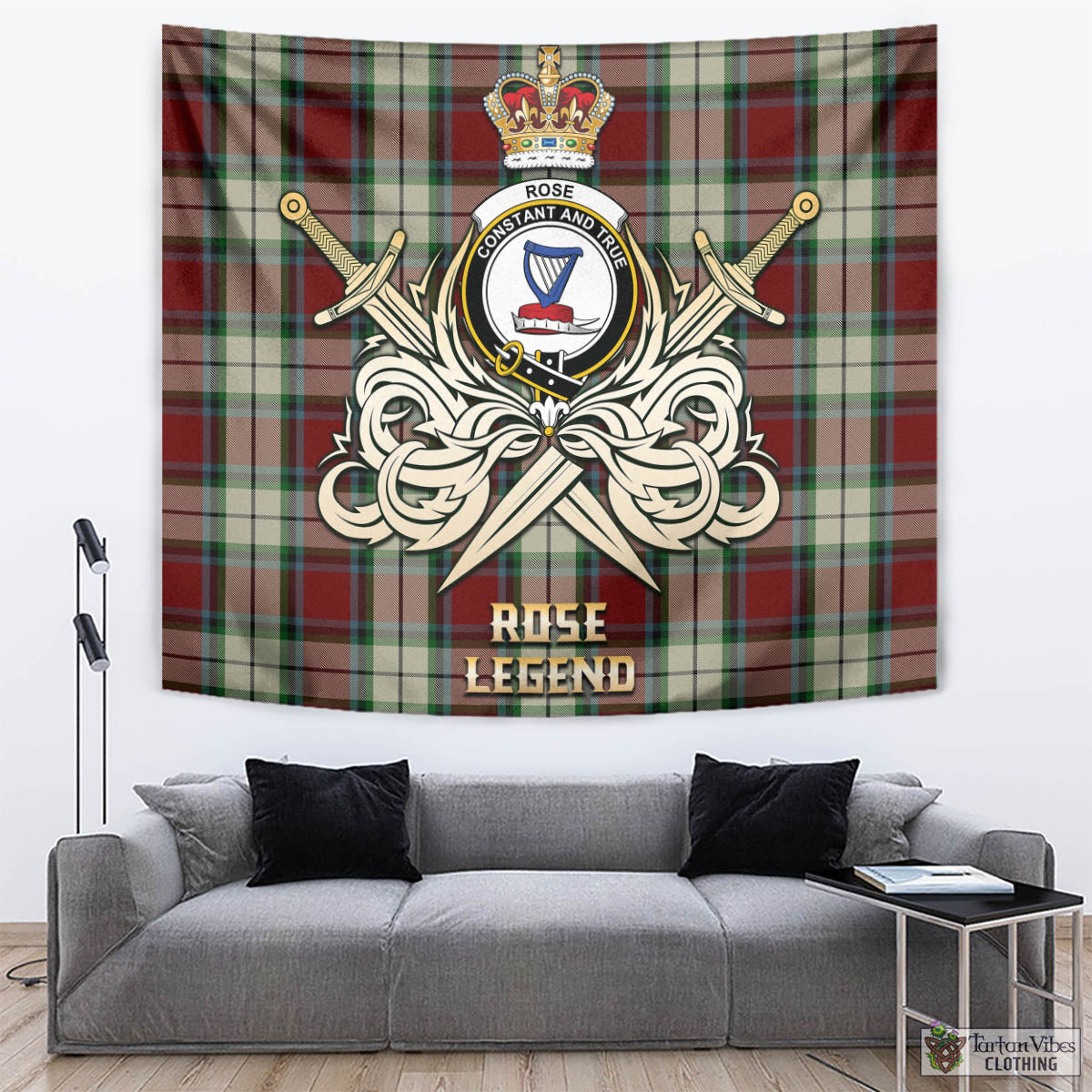 Tartan Vibes Clothing Rose White Dress Tartan Tapestry with Clan Crest and the Golden Sword of Courageous Legacy