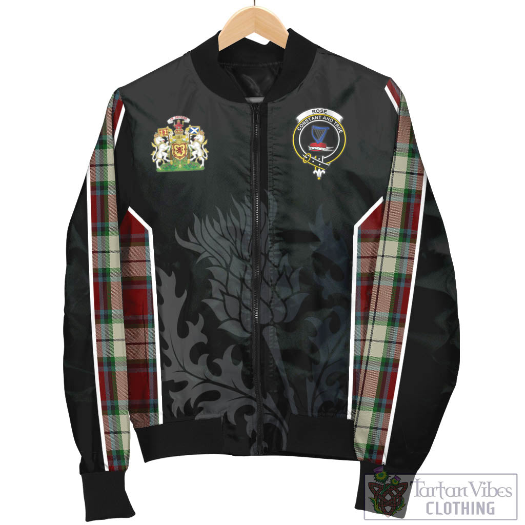 Tartan Vibes Clothing Rose White Dress Tartan Bomber Jacket with Family Crest and Scottish Thistle Vibes Sport Style