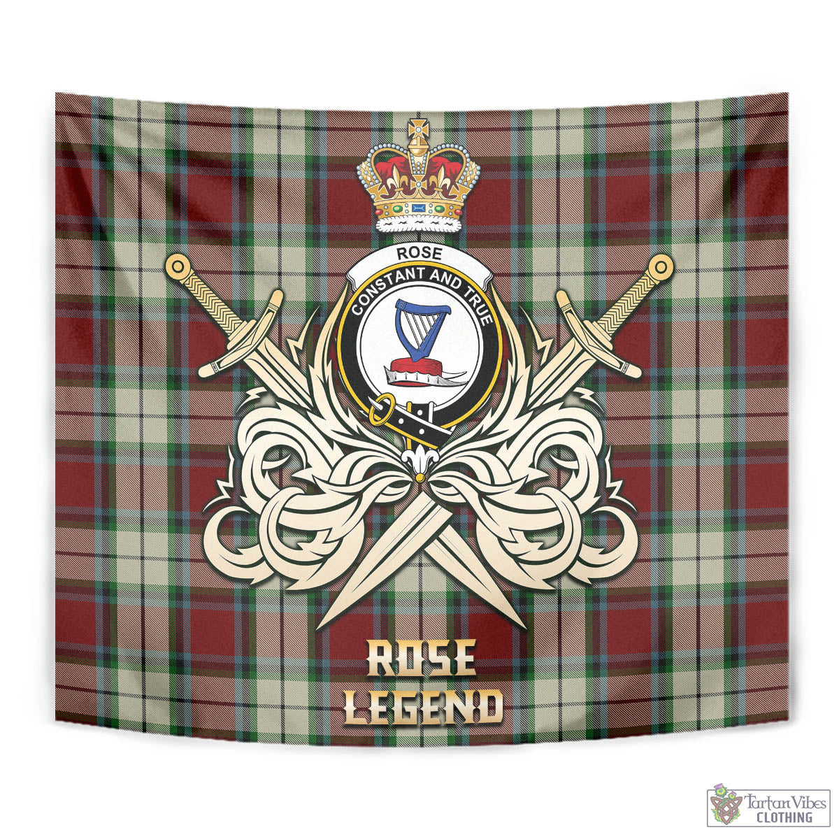 Tartan Vibes Clothing Rose White Dress Tartan Tapestry with Clan Crest and the Golden Sword of Courageous Legacy