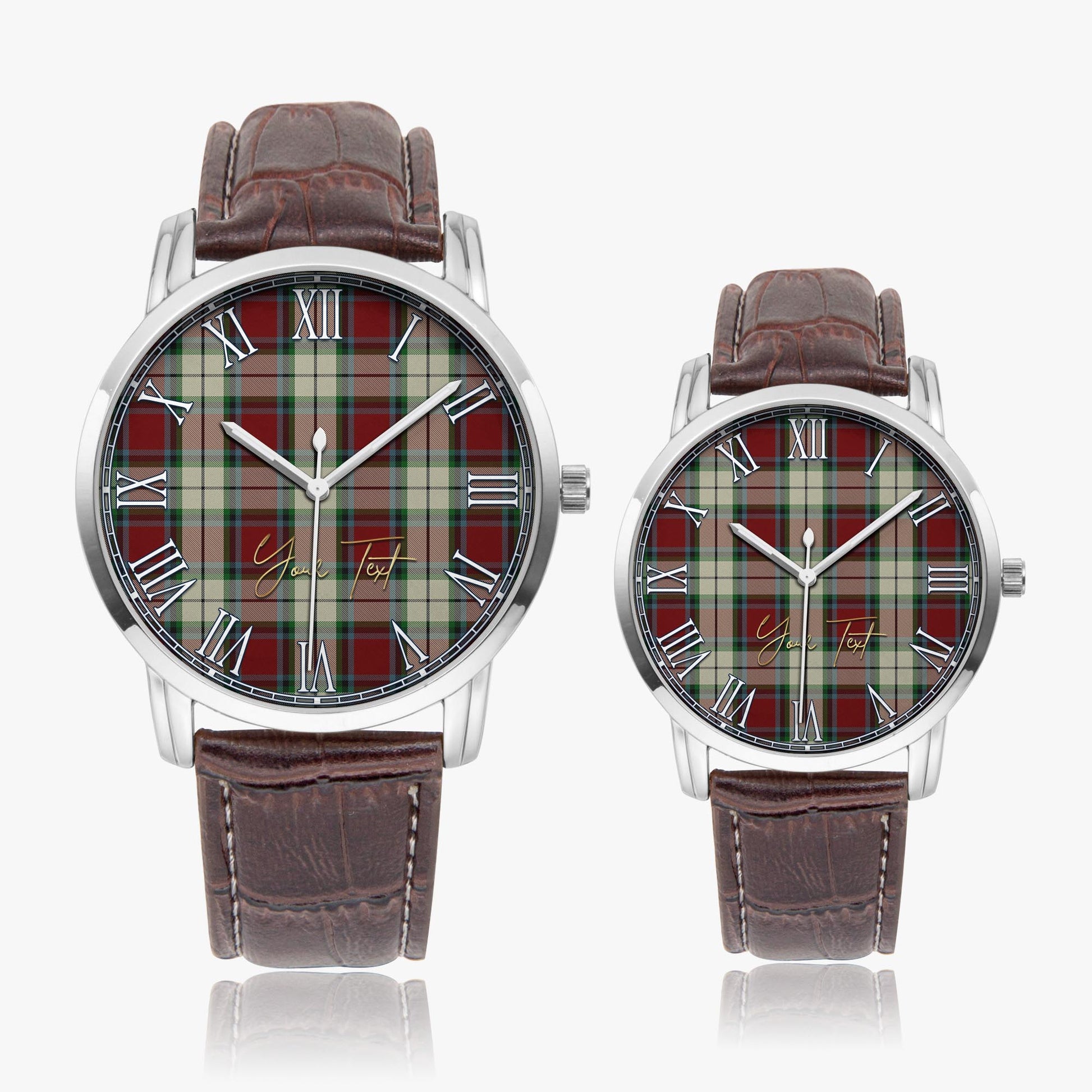 Rose White Dress Tartan Personalized Your Text Leather Trap Quartz Watch Wide Type Silver Case With Brown Leather Strap - Tartanvibesclothing