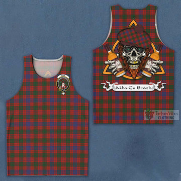 Ross Tartan Men's Tank Top with Family Crest and Bearded Skull Holding Bottles of Whiskey