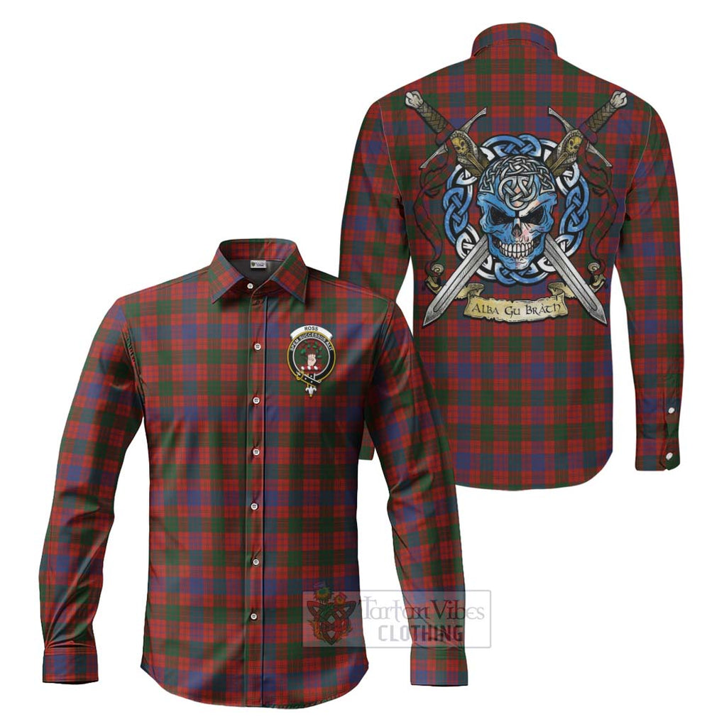 Tartan Vibes Clothing Ross Tartan Long Sleeve Button Shirt with Family Crest Celtic Skull Style