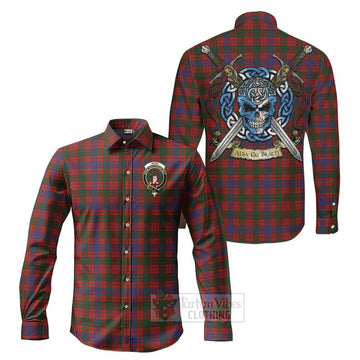 Ross Tartan Long Sleeve Button Shirt with Family Crest Celtic Skull Style