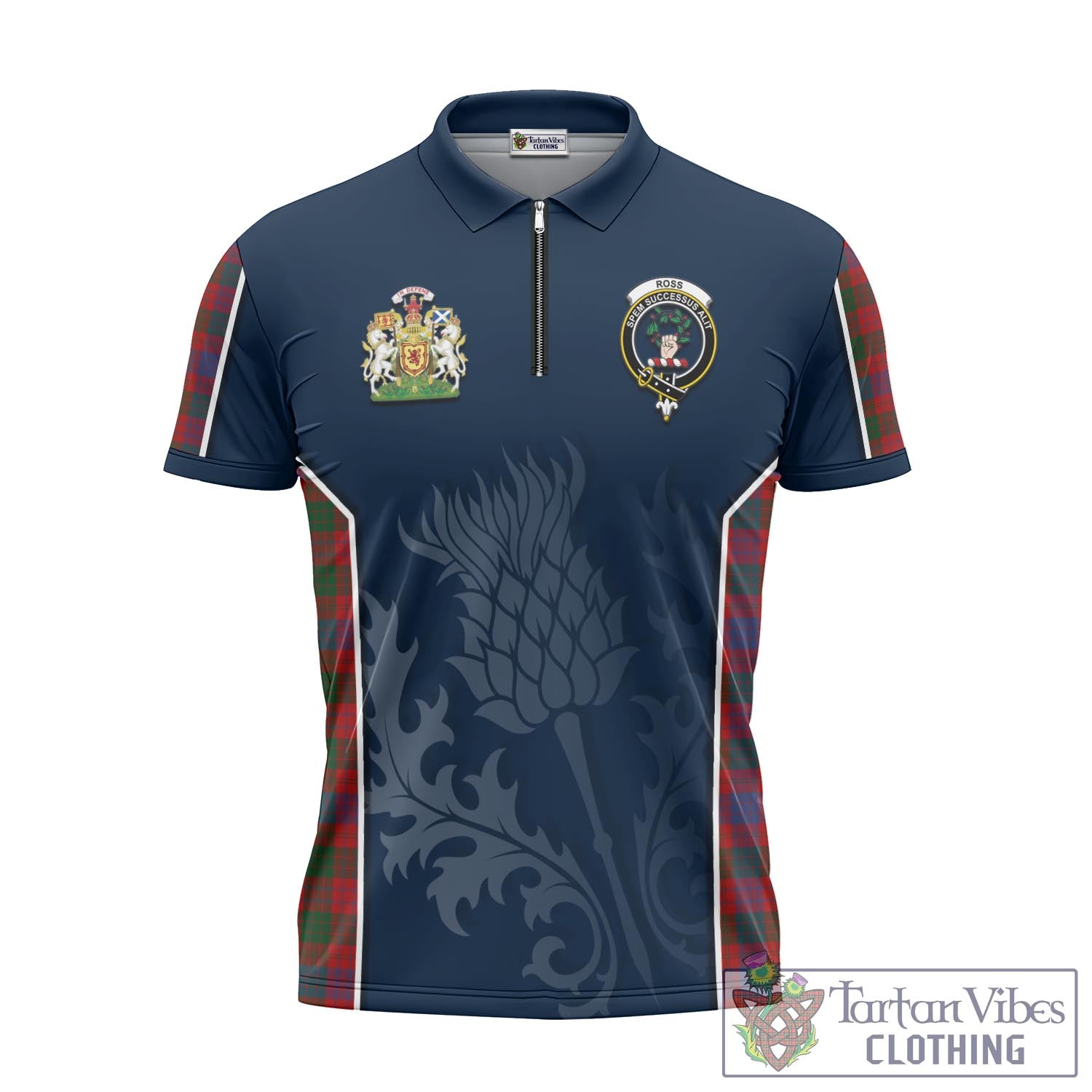 Tartan Vibes Clothing Ross Tartan Zipper Polo Shirt with Family Crest and Scottish Thistle Vibes Sport Style