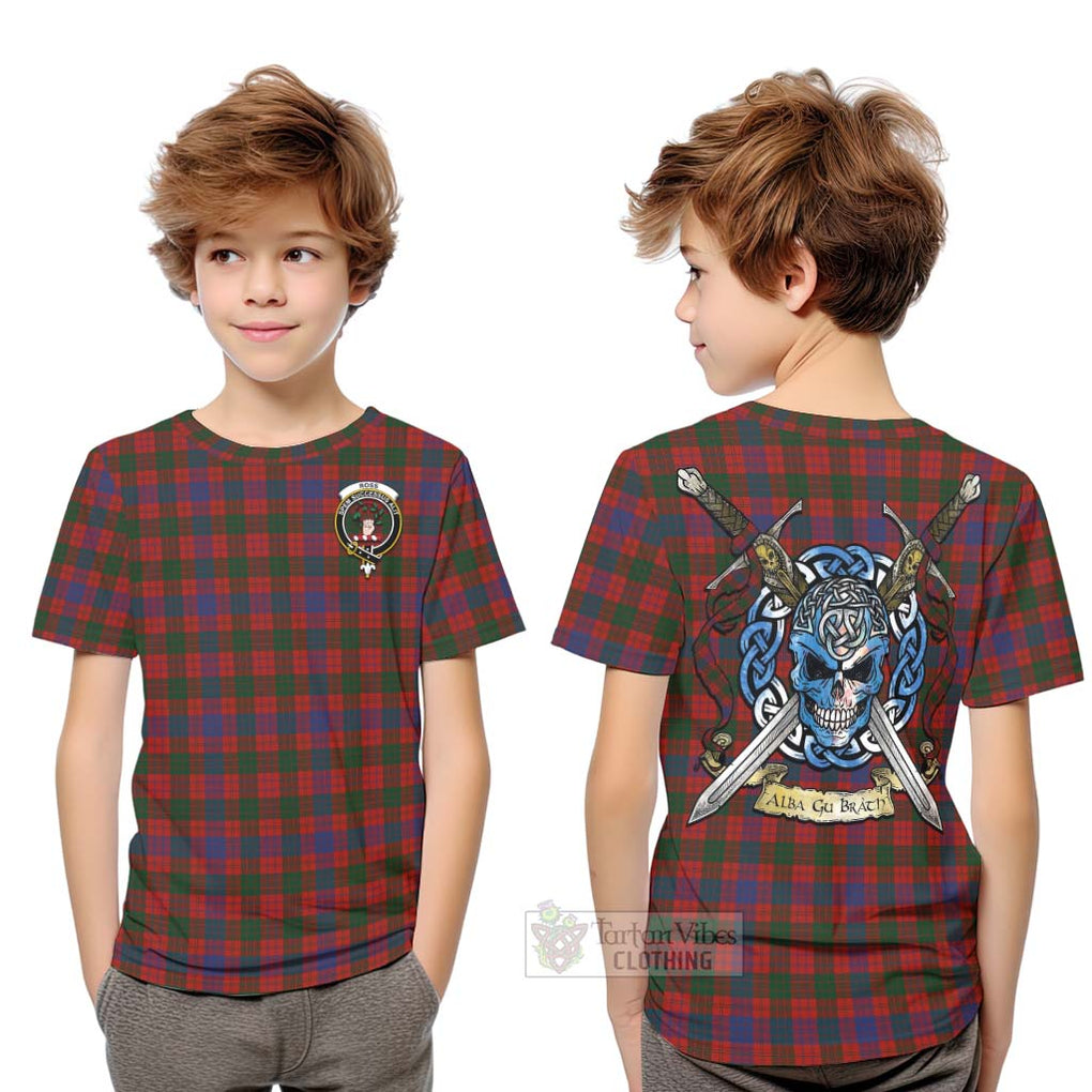 Tartan Vibes Clothing Ross Tartan Kid T-Shirt with Family Crest Celtic Skull Style