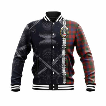 Ross Tartan Baseball Jacket with Family Crest Cross Sword Thistle Celtic Vibes