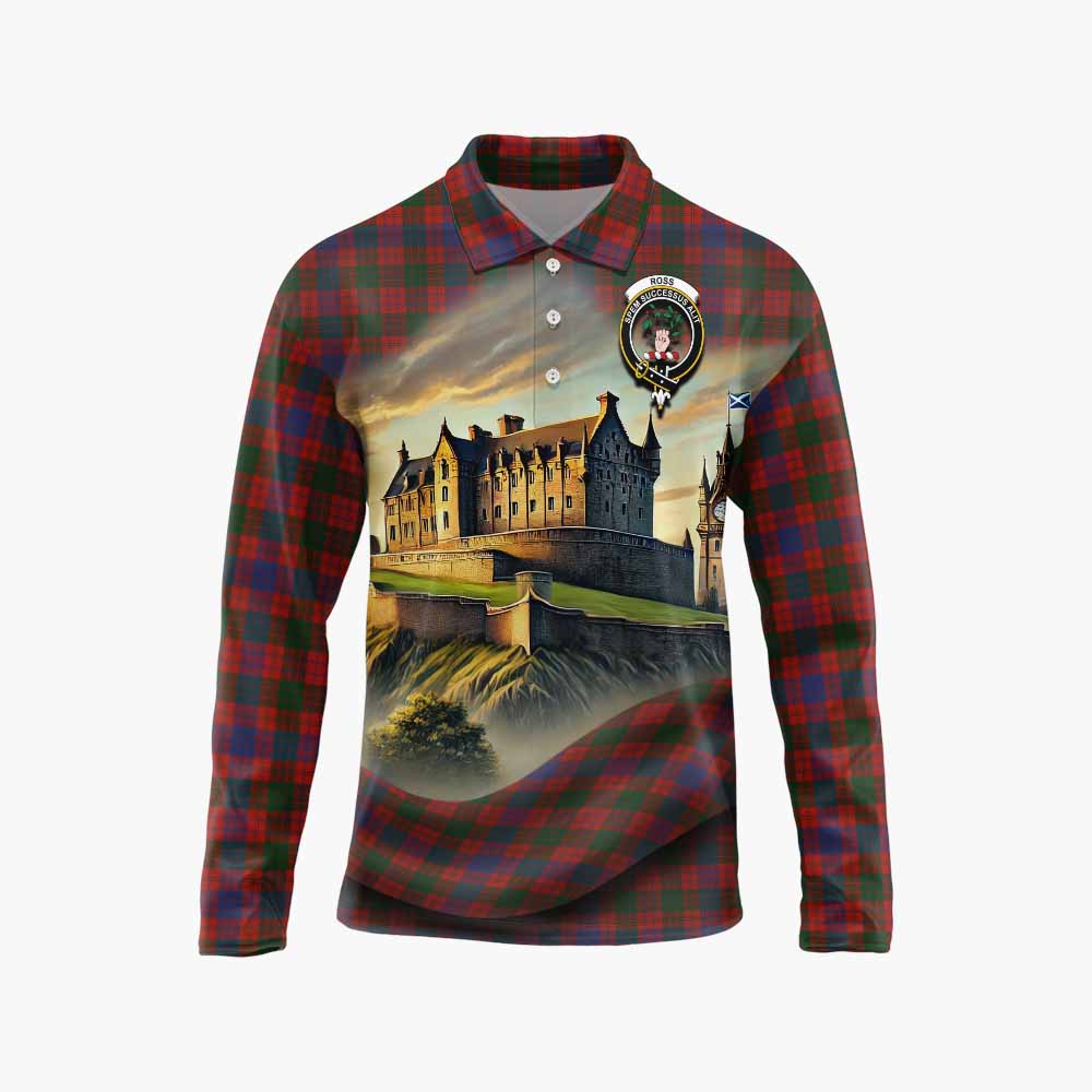 Ross Tartan Family Crest Long Sleeve Polo Shirt with Scottish Ancient Castle Style Unisex - Tartan Vibes Clothing