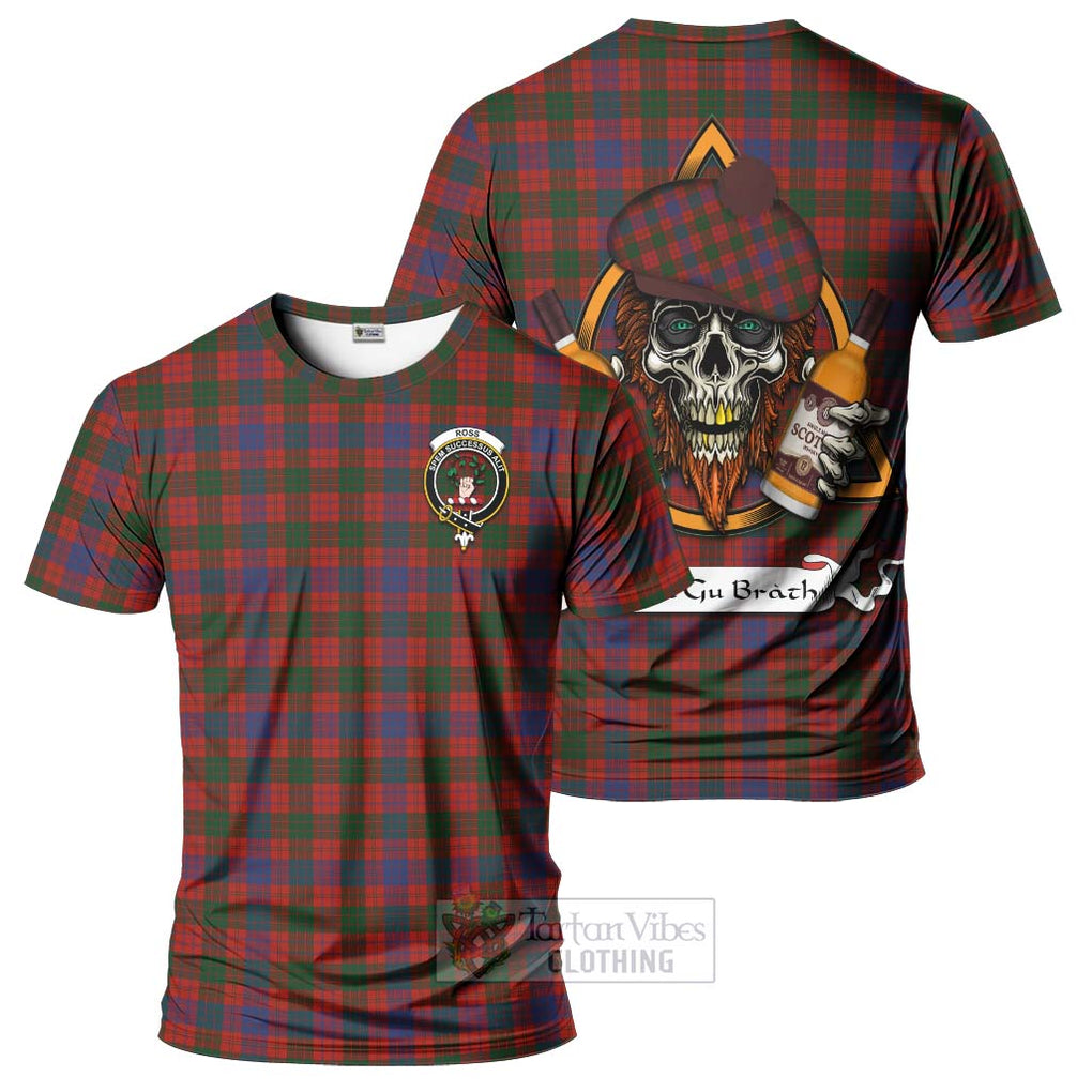 Tartan Vibes Clothing Ross Tartan T-Shirt with Family Crest and Bearded Skull Holding Bottles of Whiskey