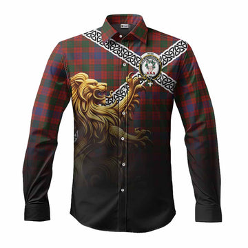 Ross Crest Tartan Long Sleeve Button Shirt with Golden Lion Emblem Celtic Style Men's Shirt S - Tartan Vibes Clothing