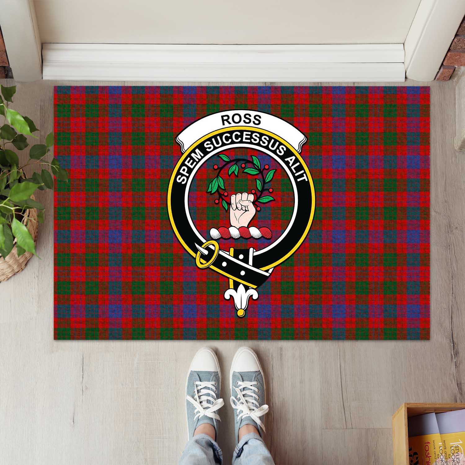 Ross Tartan Door Mat with Family Crest - Tartanvibesclothing Shop