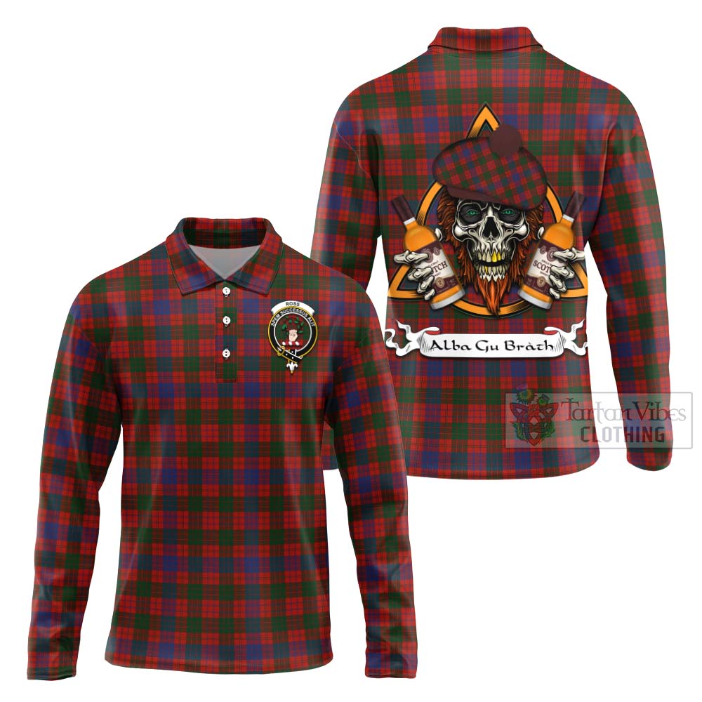 Tartan Vibes Clothing Ross Tartan Long Sleeve Polo Shirt with Family Crest and Bearded Skull Holding Bottles of Whiskey