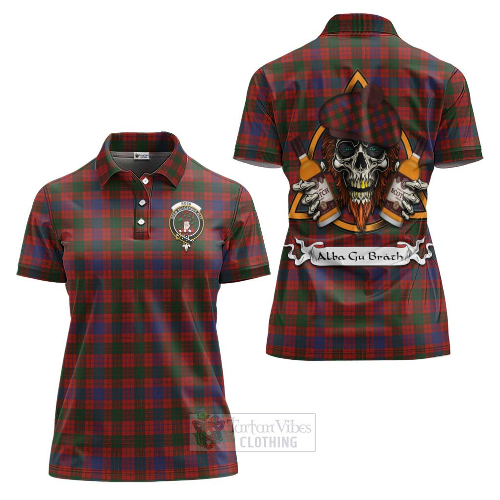 Tartan Vibes Clothing Ross Tartan Women's Polo Shirt with Family Crest and Bearded Skull Holding Bottles of Whiskey