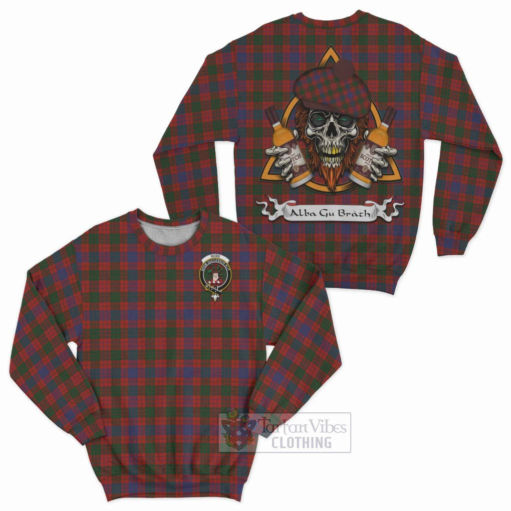 Tartan Vibes Clothing Ross Tartan Sweatshirt with Family Crest and Bearded Skull Holding Bottles of Whiskey