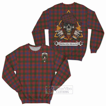 Ross Tartan Sweatshirt with Family Crest and Bearded Skull Holding Bottles of Whiskey