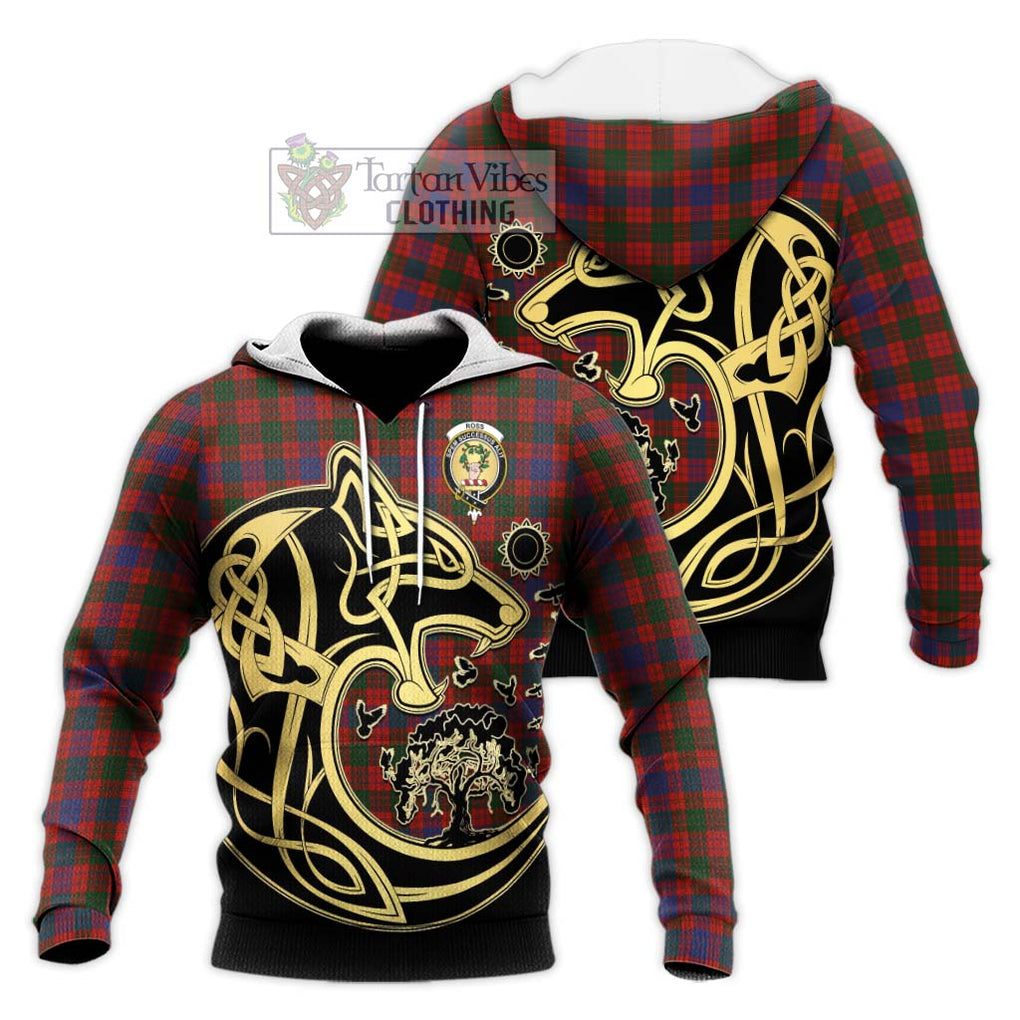 Ross Tartan Knitted Hoodie with Family Crest Celtic Wolf Style Unisex Knitted Pullover Hoodie - Tartan Vibes Clothing