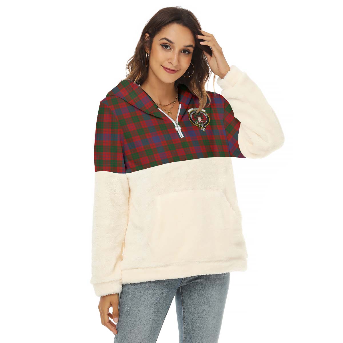 Ross Tartan Half Style Women's Borg Fleece Hoodie with Half Zip with Family Crest Female - Tartan Vibes Clothing