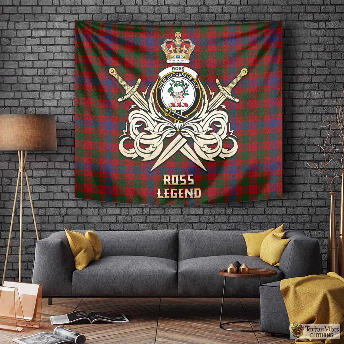 Tartan Vibes Clothing Ross Tartan Tapestry with Clan Crest and the Golden Sword of Courageous Legacy