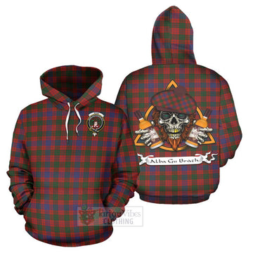 Ross Tartan Hoodie with Family Crest and Bearded Skull Holding Bottles of Whiskey