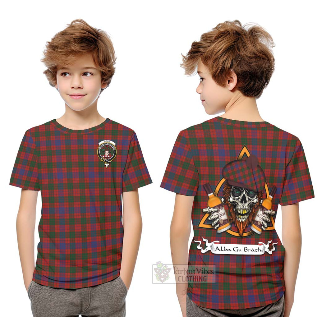 Tartan Vibes Clothing Ross Tartan Kid T-Shirt with Family Crest and Bearded Skull Holding Bottles of Whiskey