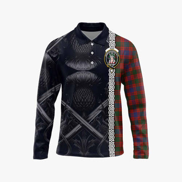 Ross Tartan Long Sleeve Polo Shirt with Family Crest Cross Sword Thistle Celtic Vibes