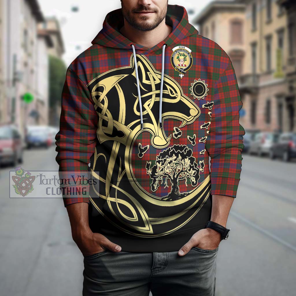 Tartan Vibes Clothing Ross Tartan Hoodie with Family Crest Celtic Wolf Style