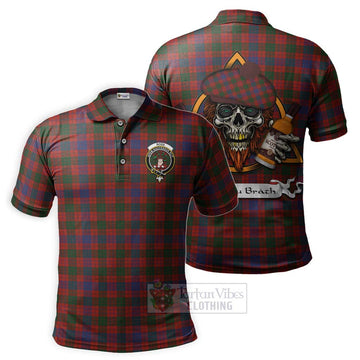 Ross Tartan Polo Shirt with Family Crest and Bearded Skull Holding Bottles of Whiskey