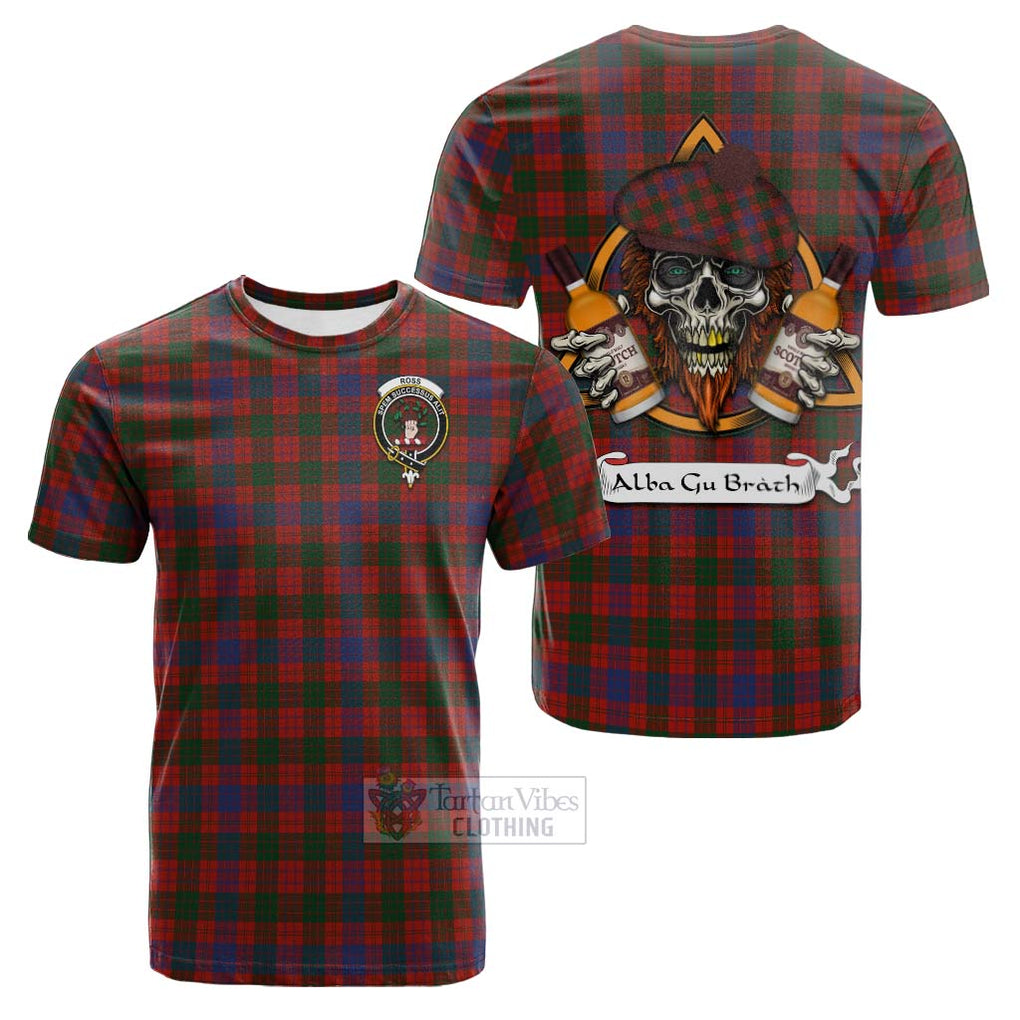 Tartan Vibes Clothing Ross Tartan Cotton T-shirt with Family Crest and Bearded Skull Holding Bottles of Whiskey