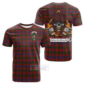 Ross Tartan Cotton T-shirt with Family Crest and Bearded Skull Holding Bottles of Whiskey