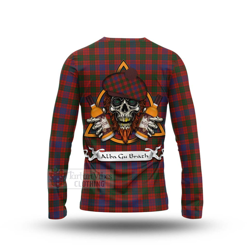 Tartan Vibes Clothing Ross Tartan Long Sleeve T-Shirt with Family Crest and Bearded Skull Holding Bottles of Whiskey