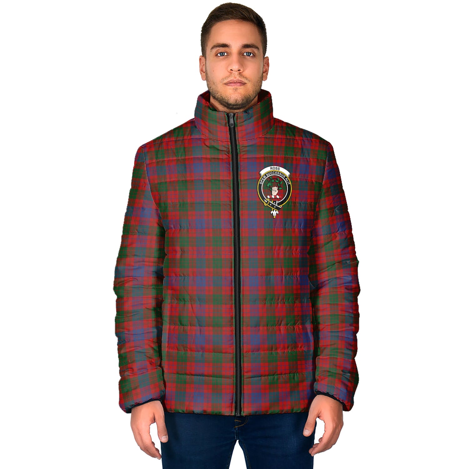 Ross Tartan Padded Jacket with Family Crest - Tartan Vibes Clothing