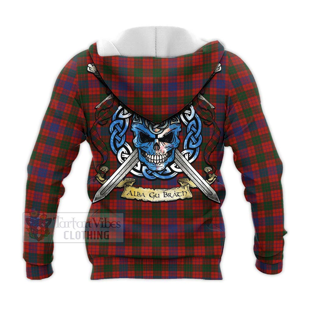 Tartan Vibes Clothing Ross Tartan Knitted Hoodie with Family Crest Celtic Skull Style