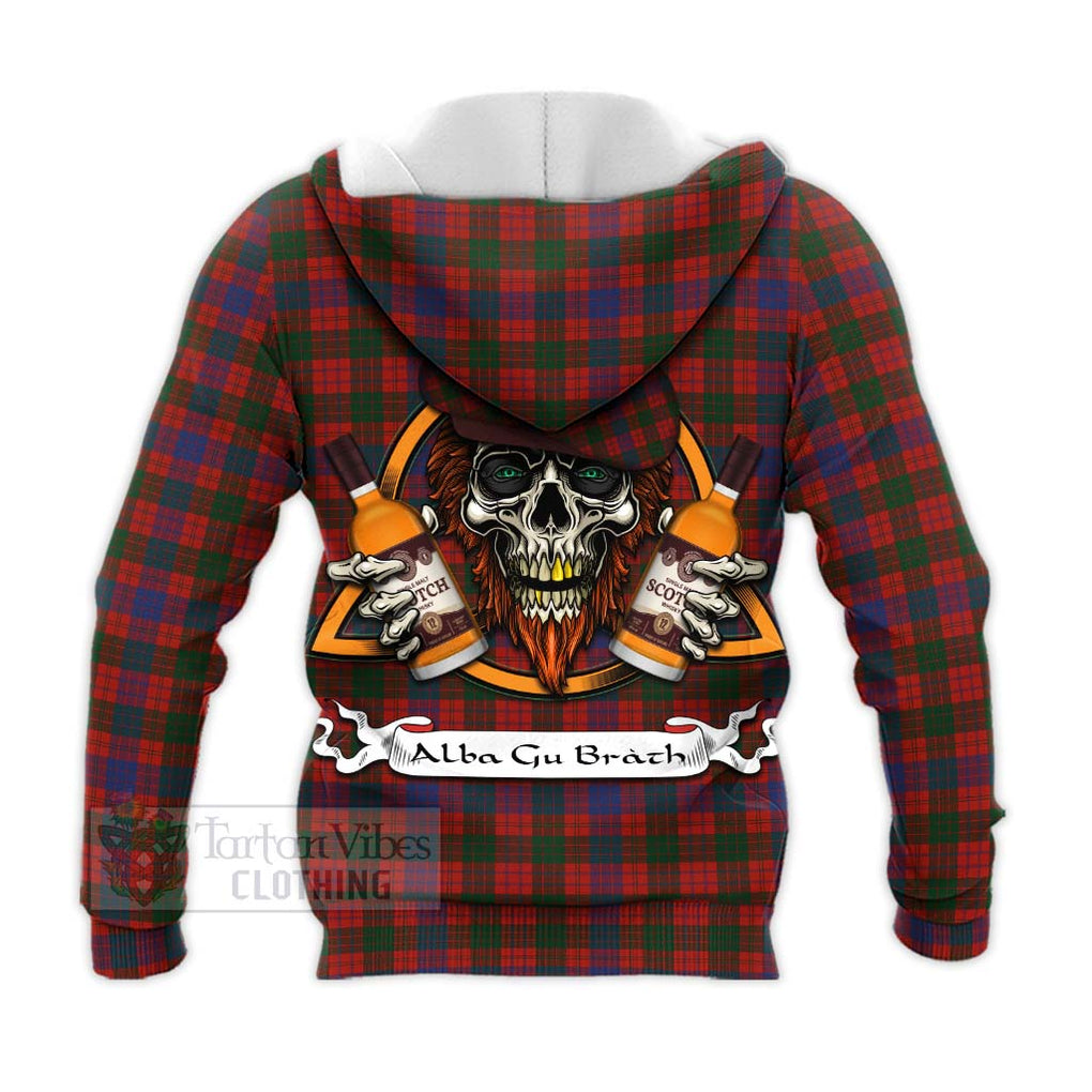 Tartan Vibes Clothing Ross Tartan Knitted Hoodie with Family Crest and Bearded Skull Holding Bottles of Whiskey