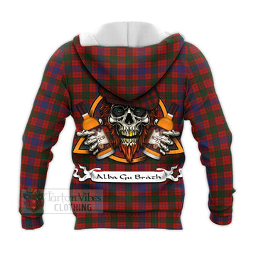 Ross Tartan Knitted Hoodie with Family Crest and Bearded Skull Holding Bottles of Whiskey