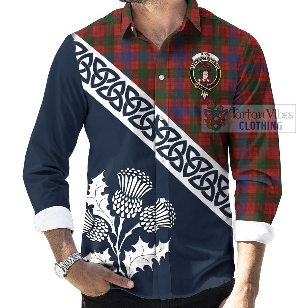 Tartan Vibes Clothing Ross Tartan Long Sleeve Button Shirt Featuring Thistle and Scotland Map