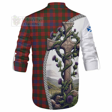 Ross Tartan Ghillie Kilt Shirt with Family Crest and St. Andrew's Cross Accented by Thistle Vines