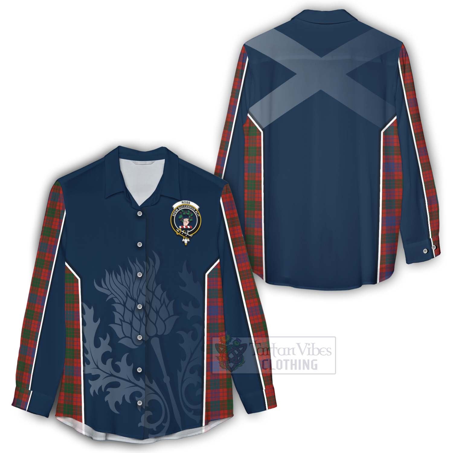 Tartan Vibes Clothing Ross Tartan Women's Casual Shirt with Family Crest and Scottish Thistle Vibes Sport Style