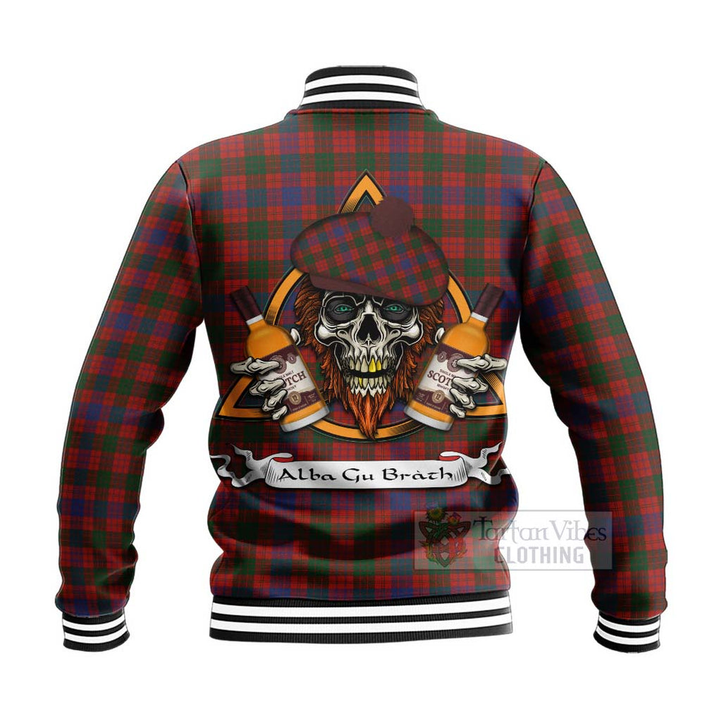 Tartan Vibes Clothing Ross Tartan Baseball Jacket with Family Crest and Bearded Skull Holding Bottles of Whiskey