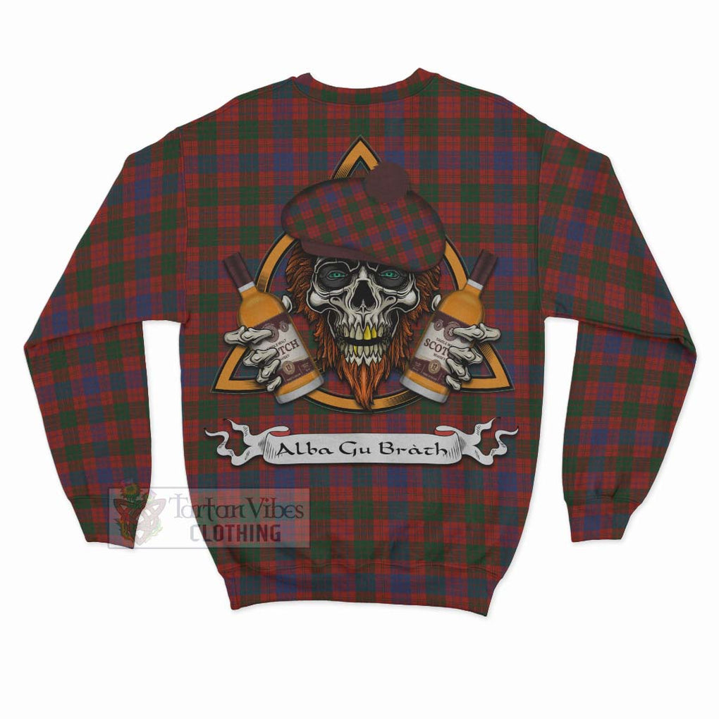 Tartan Vibes Clothing Ross Tartan Sweatshirt with Family Crest and Bearded Skull Holding Bottles of Whiskey