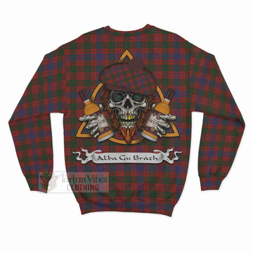 Ross Tartan Sweatshirt with Family Crest and Bearded Skull Holding Bottles of Whiskey