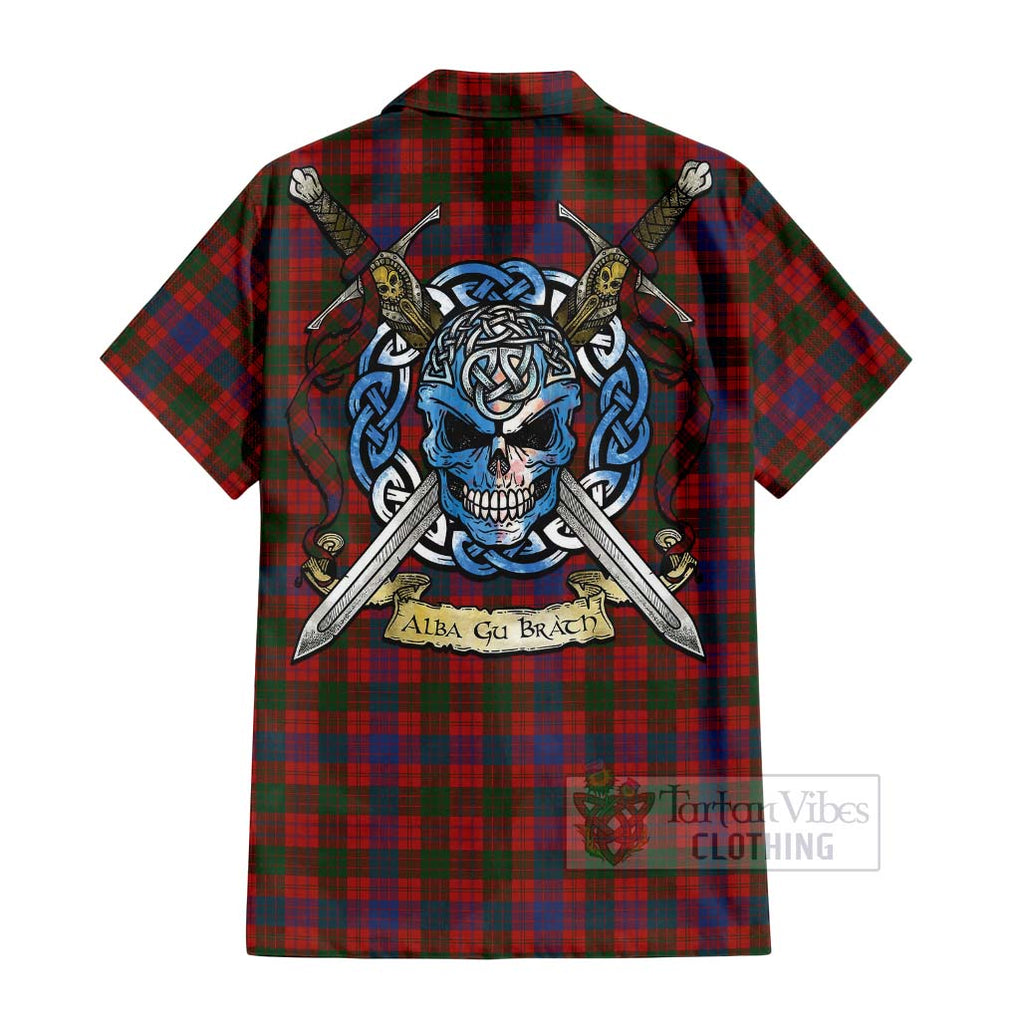 Tartan Vibes Clothing Ross Tartan Short Sleeve Button Shirt with Family Crest Celtic Skull Style