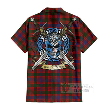 Ross Tartan Short Sleeve Button Shirt with Family Crest Celtic Skull Style