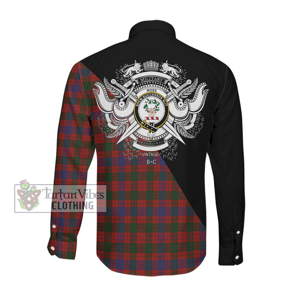 Ross Tartan Long Sleeve Button Shirt with Family Crest and Military Logo Style Men's Shirt - Tartanvibesclothing Shop