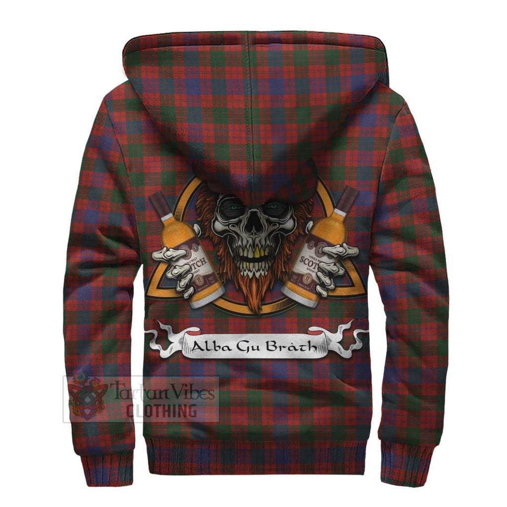 Tartan Vibes Clothing Ross Tartan Sherpa Hoodie with Family Crest and Bearded Skull Holding Bottles of Whiskey