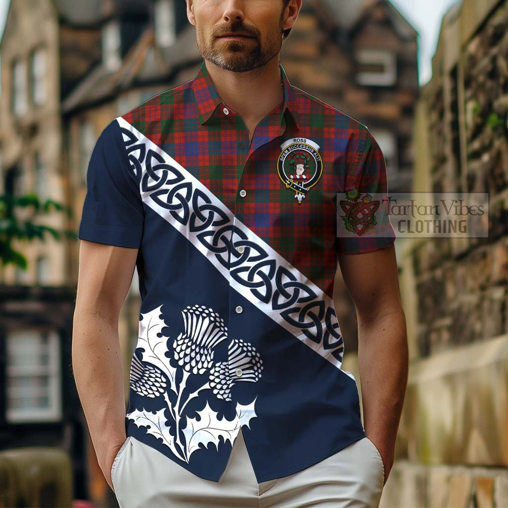 Tartan Vibes Clothing Ross Tartan Short Sleeve Button Shirt Featuring Thistle and Scotland Map