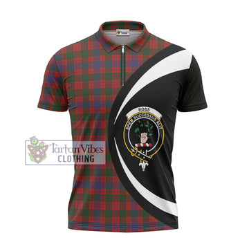 Ross Tartan Zipper Polo Shirt with Family Crest Circle Style