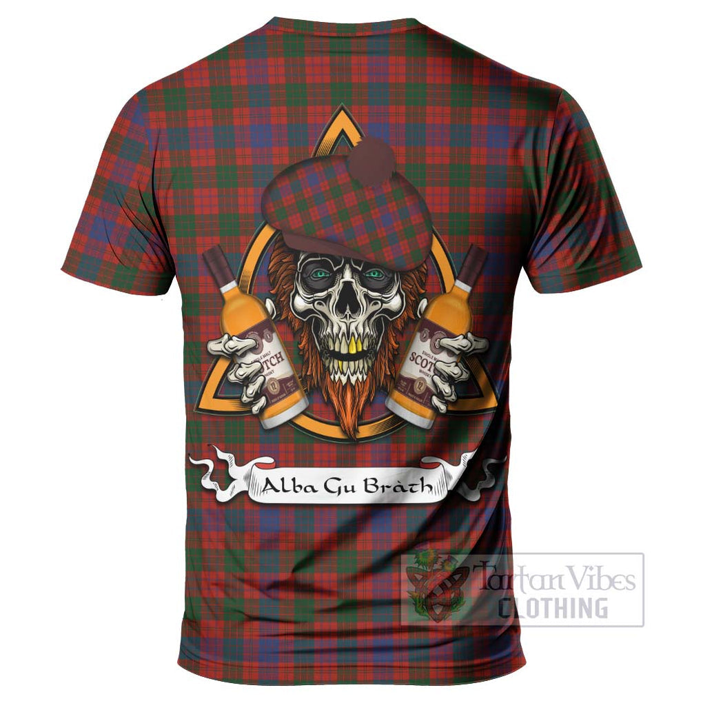 Tartan Vibes Clothing Ross Tartan T-Shirt with Family Crest and Bearded Skull Holding Bottles of Whiskey