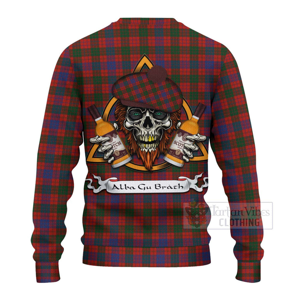 Tartan Vibes Clothing Ross Tartan Knitted Sweater with Family Crest and Bearded Skull Holding Bottles of Whiskey