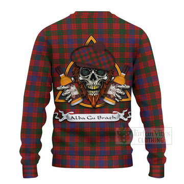 Ross Tartan Ugly Sweater with Family Crest and Bearded Skull Holding Bottles of Whiskey